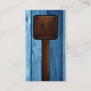 Cartão De Visita Vintage Blue Wood Brown Leather Look