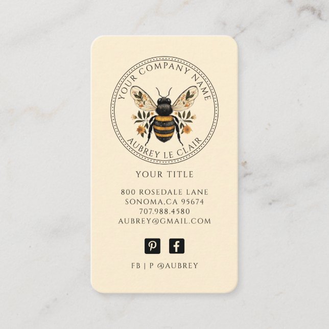Cartão De Visita Vintage Botanical Bee Logo Template (Frente)