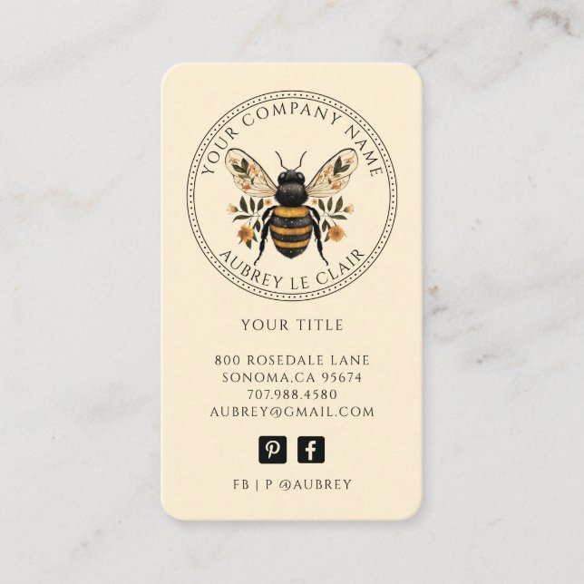 Cartão De Visita Vintage Botanical Bee Logo Template (Frente)