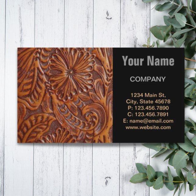 Cartão De Visita vintage de couro natural canelado (vintage western country pattern studded leather business card)