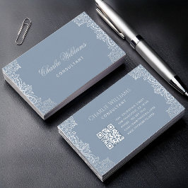 Cartão De Visita Vintage Dusty Blue QR Code Elegante Script Antiqua