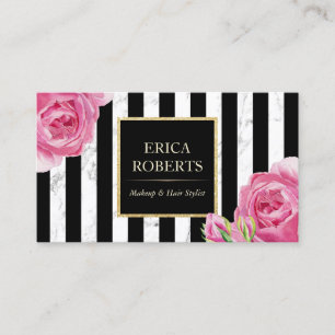 Cartão De Visita Vintage Floral Modern Stripes Marble Makeup Artist