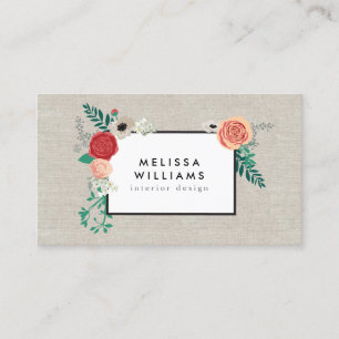 Cartão De Visita Vintage Modern Floral Motif no Linen Designer