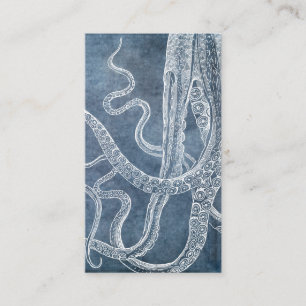 Cartão De Visita Vintage Octopus Twilight Blue Denim Watercolor