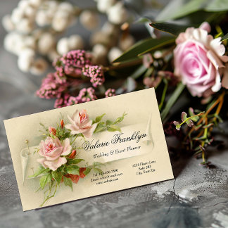 Cartão De Visita Vintage Pink Roses Planner de Eventos de Casamento