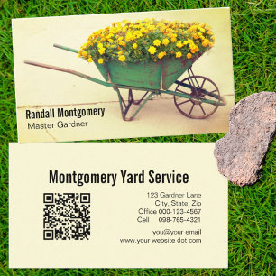 Cartão De Visita Vintage Wheelbarrow Flowers Gardener Código QR