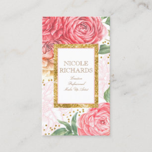Cartão De Visita Vintagem das flores rosa-rosa Douradas com brilho