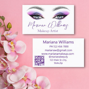 Cartão De Visita violeta script makeup olhos de artista qr code chi