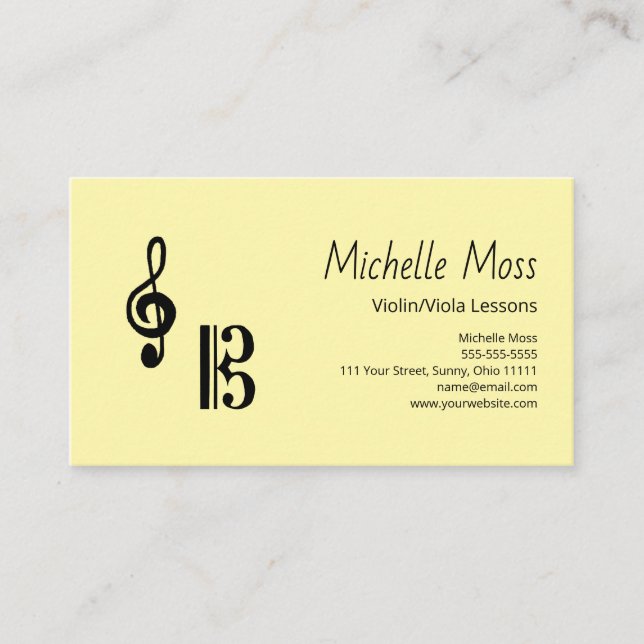 Cartão De Visita Violin Viola Lessons Simple Musical Clefs Yellow (Frente)