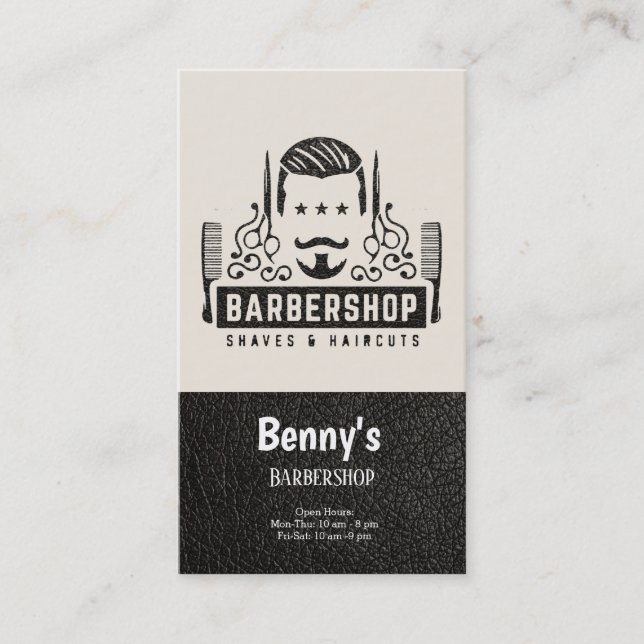 Cartão De Visita Vista de couro de barbearia (Frente)