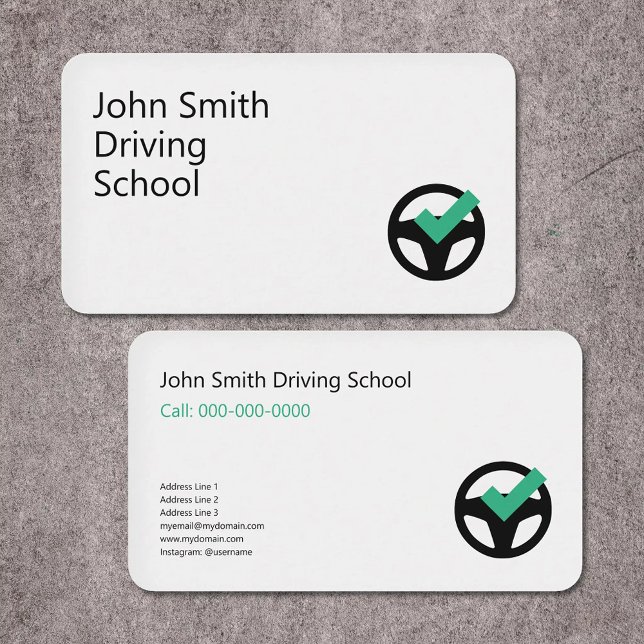 Cartão De Visita Volante & marca de verificação - Autoescola (Steering Wheel & checkmark - Driving School Business Card)