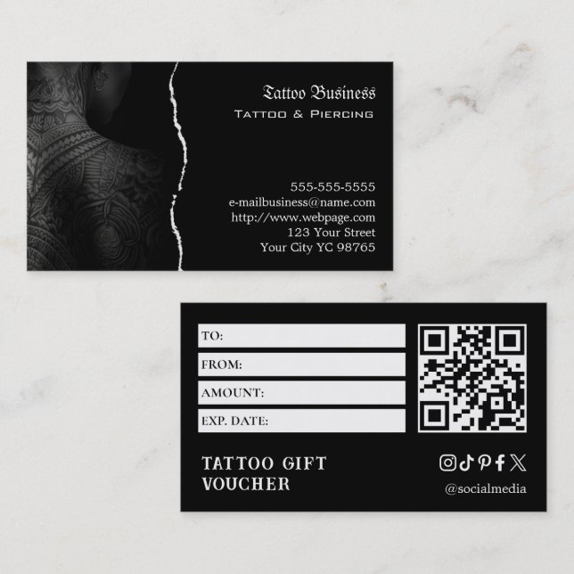 Cartão De Visita Voucher de Presente de Tatuagem (Frente/Verso)