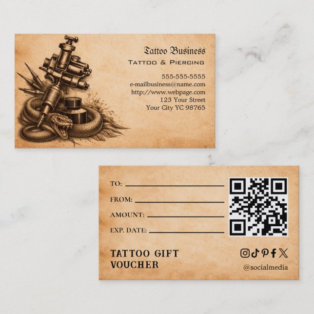 Cartão De Visita Voucher de Presente de Tatuagem (Frente/Verso)