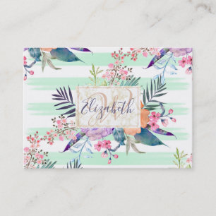 Cartão De Visita Watercolor Boho floral, folhas, listras pintadas 