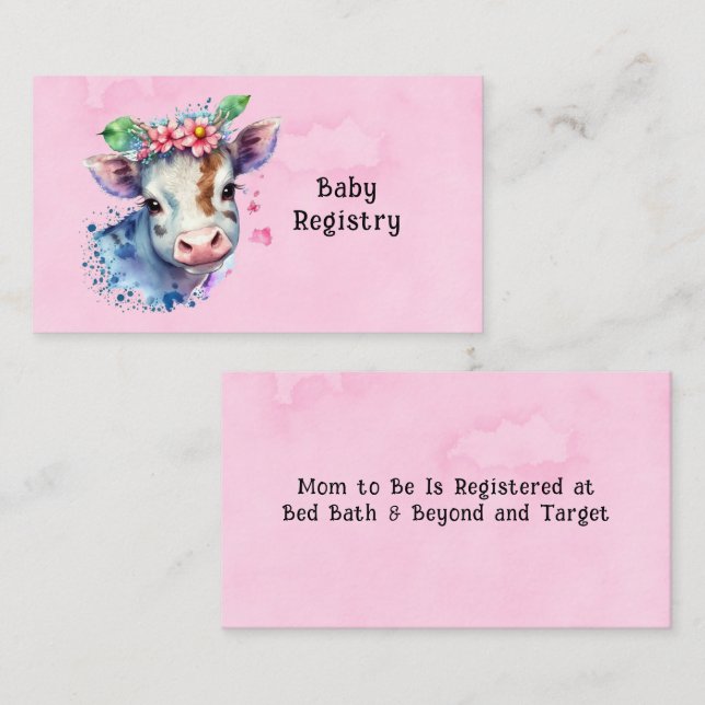 Cartão De Visita Watercolor Cow Pink Girl Registry (Frente/Verso)