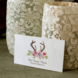Cartão De Visita Watercolor Deer Antlers Wildflower Faux Bois