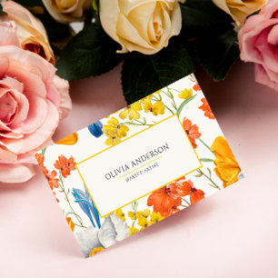 Cartão De Visita Watercolor Floral Laranja Amarelo Moderno Boêmian