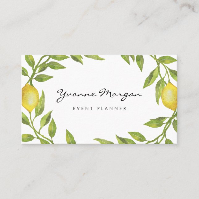Cartão De Visita Watercolor Lemon Greenery Wreath Script (Frente)