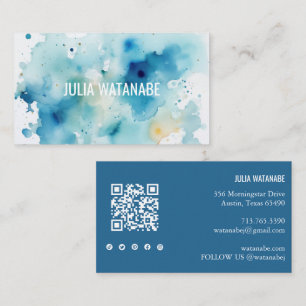 Cartão De Visita Watercolor Splash QR Code Social Media Modern