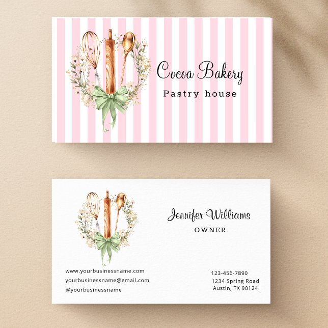 Cartão De Visita Watercolor Utensils Kitchen Bakery Business Card (Watercolor Pink Stripe and Floral Utensils cooking Business Card)