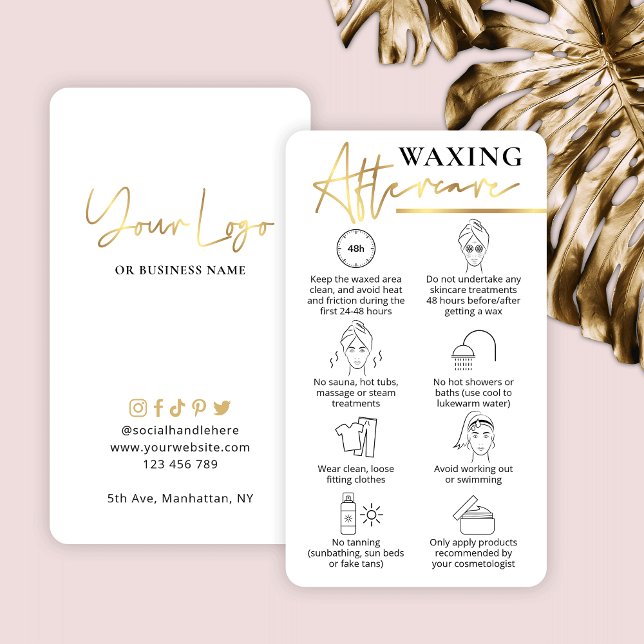 Cartão De Visita Waxing After Care Guide White & Dourado BeauBar (Criador carregado)