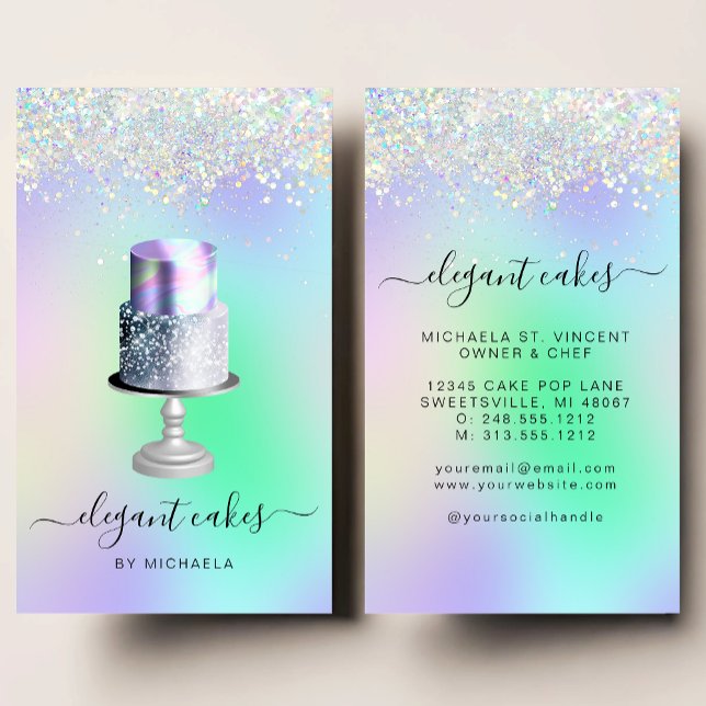 Cartão De Visita Wedding Cake Holographic Glitter Bakery (Criador carregado)