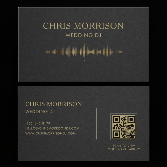 Cartão De Visita Wedding DJ Music Black Gold QR Code Professional (Criador carregado)