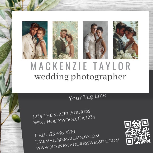 Cartão De Visita Wedding Photographer 4 Photo Personalized QR Code (Wedding Photographer 4 Photo Personalized QR Code Business Cards by Ricaso. Change text & photos)