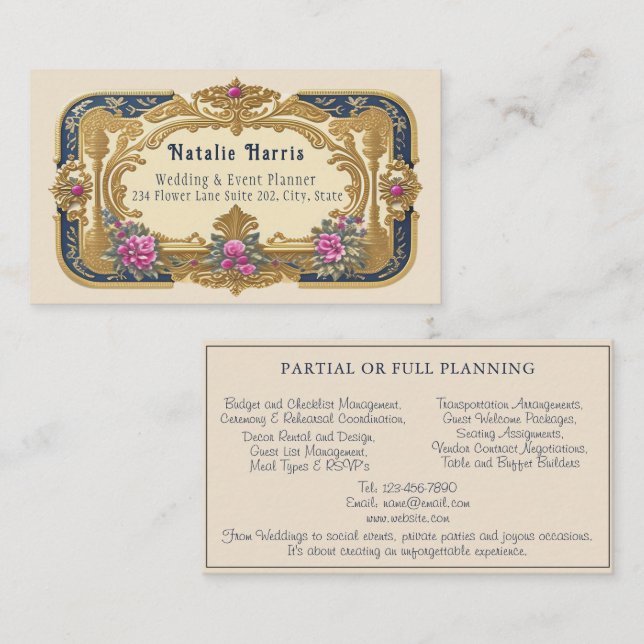 Cartão De Visita Wedding Planner Victorian Pink Roses Gold Business (Frente/Verso)