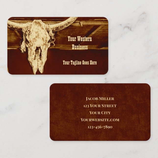 Cartão De Visita Western Rust Brown County Rustic Cow Skull Barn (Frente/Verso)
