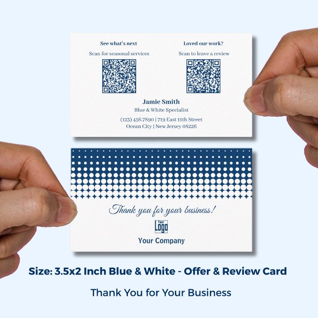 Cartão De Visita White and Blue - Thank You, Offer & Review Prompt (White and Blue - Thank You, Offer & Review Prompt Business Card with Logo; Size: 3.5x2 Inch)