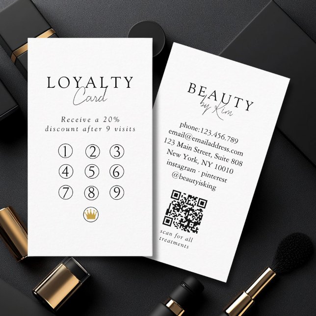 Cartão De Visita  White & Black  Minimal Salon QR Code Loyalty (Custom White & Black Minimal Salon QR Code Loyalty Business Card)
