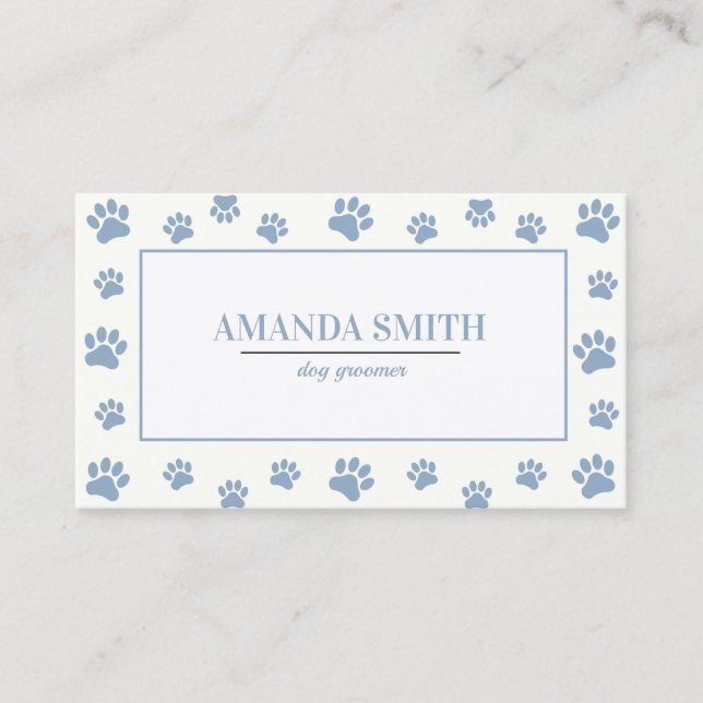 Cartão De Visita White & Blue Paw Prints Dog Groomer Business Card (Frente)