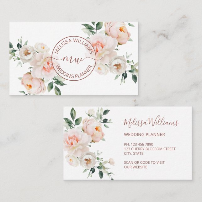 Cartão De Visita White Blush Flowers Logo Initials (Frente/Verso)