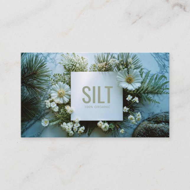 Cartão De Visita White Floral and Evergreen Pine Marble Texture (Frente)