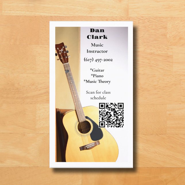 Cartão De Visita White QR Code Música Professora Acústica Guitarra (White Guitar Business Card for Music Teacher )