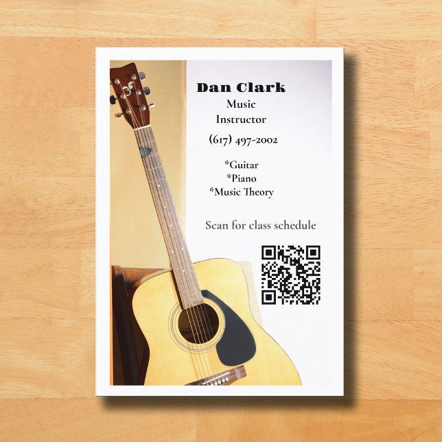 Cartão De Visita White QR Code Música Professora Acústica Guitarra (Guitar Music Teacher Business Card )
