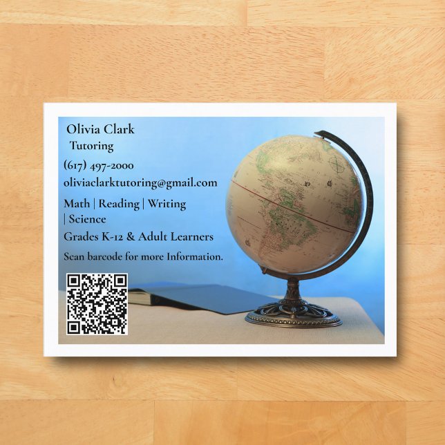 Cartão De Visita White QR Code Tutor Teacher Globe & Book Classroom (White Globe  Business Card for Teacher )
