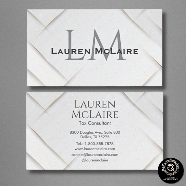 Cartão De Visita White Sparkle & Gold Accent Monogram Business Card (Criador carregado)