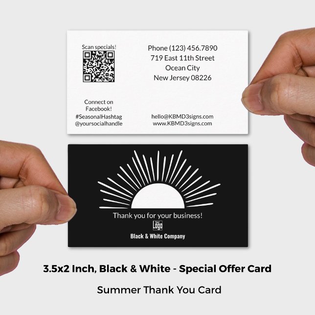 Cartão De Visita White Summer Sun Season Obrigado (3.5x2 Inch, Black & White Summer Sun Season Thank You Business Card)