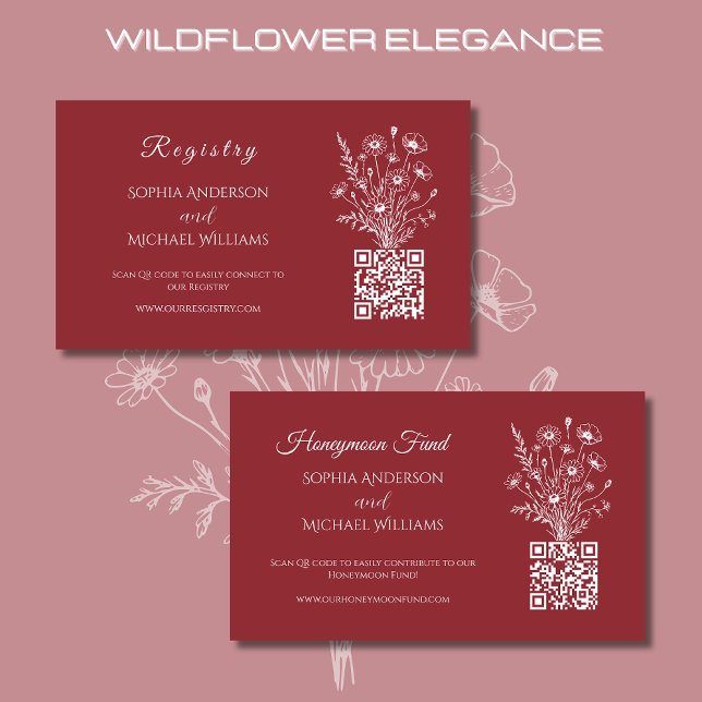 Cartão De Visita Wildflower Elegance-Registry-Honeymoon (Wildflower Elegance Wedding Registry and Honeymoon Fund-Red-Rustic, country, bohemian, boho, elegant)