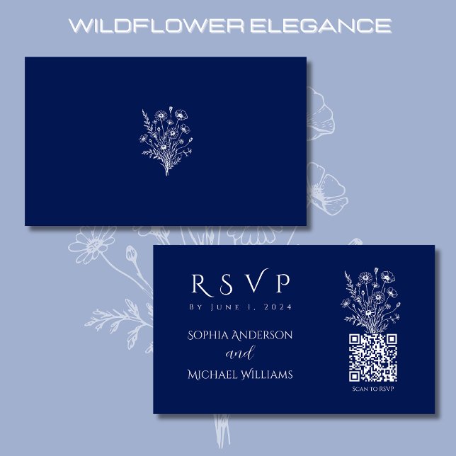 Cartão De Visita Wildflower Elegance-RSVP-Código QR- (Wildflower Elegance Wedding RSVP Card with QR code-Rustic-Bohemian-Blue)