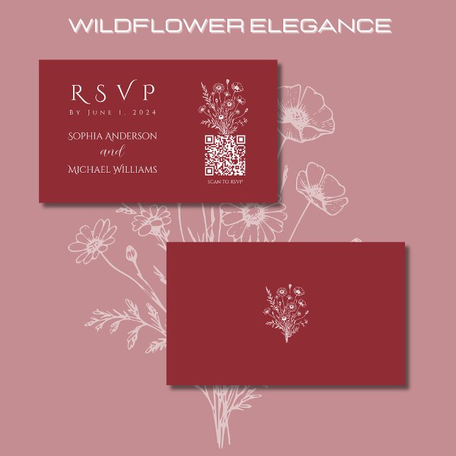 Cartão De Visita Wildflower Elegance-RSVP-Código QR- (Wildflower Elegance Wedding RSVP QR Code-Red, Country, Rustic, Boho, Bohemian, Elegant)