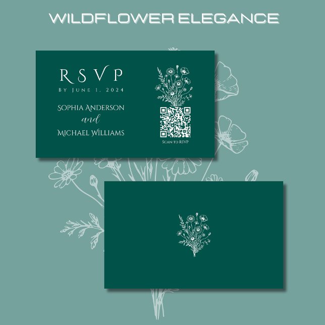 Cartão De Visita Wildflower Elegance-RSVP-Código QR- (Wildflower Elegance Wedding RSVP Qr Code-Emerald Green-Country, Bohemian, Rustic)