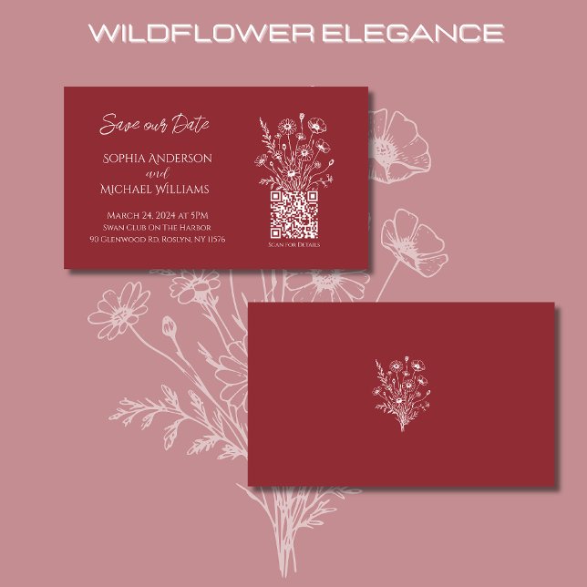 Cartão De Visita Wildflower Elegance Wedding-Save Date- (Wildflower Elegance Wedding Save the Date-Red with QR Code-Rustic, Country, Bohemian, Elegant)