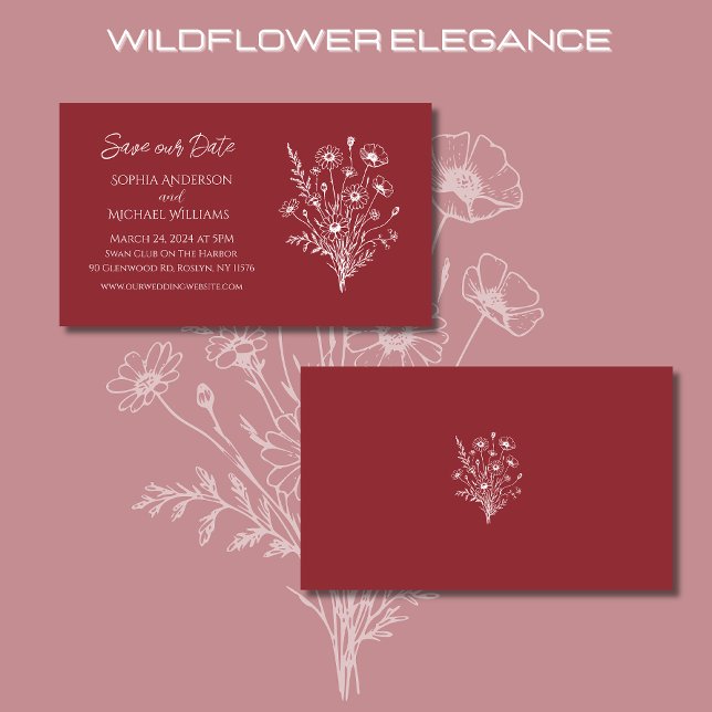 Cartão De Visita Wildflower Elegance Wedding-Save Date- (Wildflower Elegance Wedding Save The Date-Red-Rustic, Country, Bohemian, Elegant)
