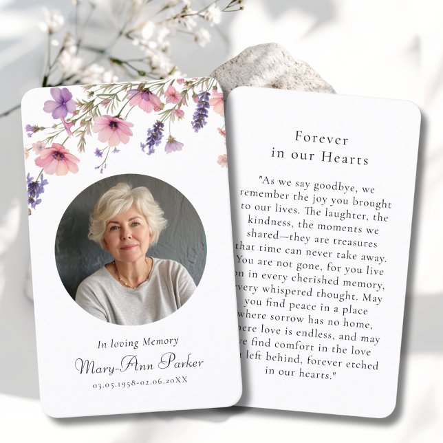Cartão De Visita Wildflower "In loving Memory" Photo Funeral (Wildflower "In loving Memory" Photo Funeral Sympathy Beige Memorial Prayer Cards.)