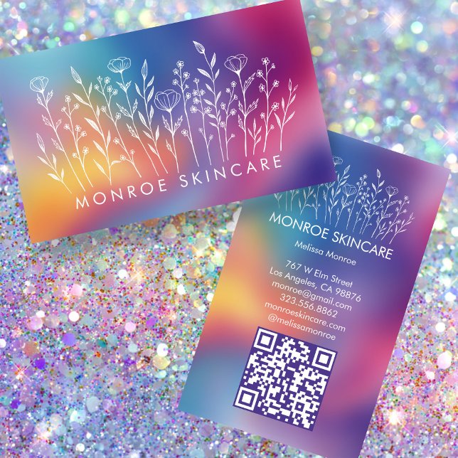Cartão De Visita Wildflowers Elegant LineArt Custom QR Code Rainbow (Wildflowers Elegant LineArt Custom QR Code Rainbow Business Card
)