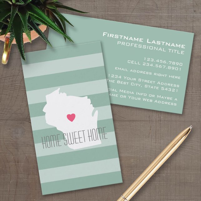 Cartão De Visita Wisconsin Map Home State Love with Custom Heart (Custom Business Card Template)