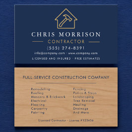 Cartão De Visita Wood Building Construction Contractor Navy Blue